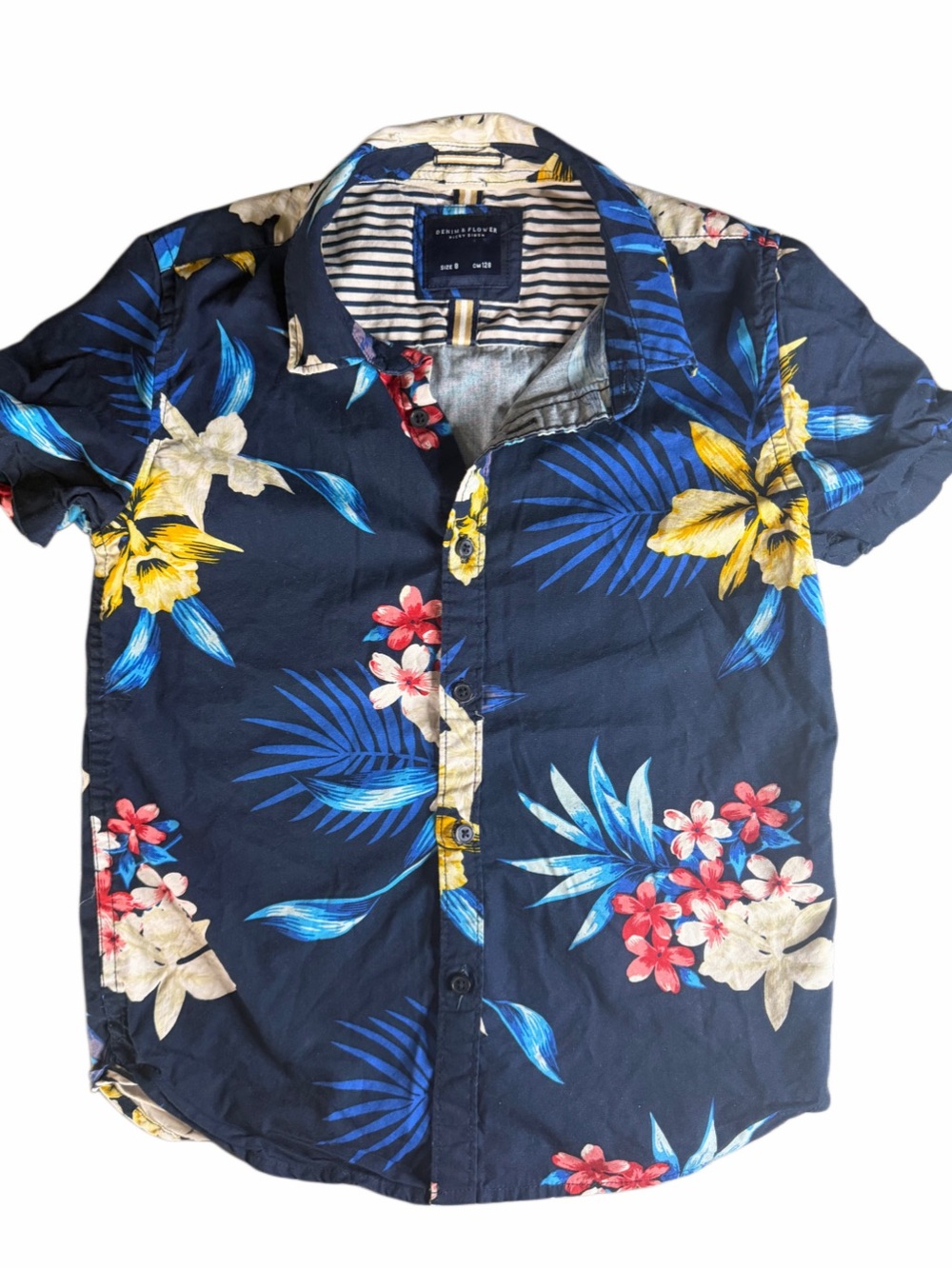 Denim & Flower Boys Size 8 Hawaiian Shirt Tropical Floral Navy Button Up